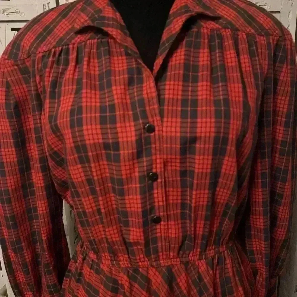 VINTAGE LESLIE FAY EXTRAORDINARY RED PLAID FIT FLARE LONG SLEEVE MIDI DRESS L